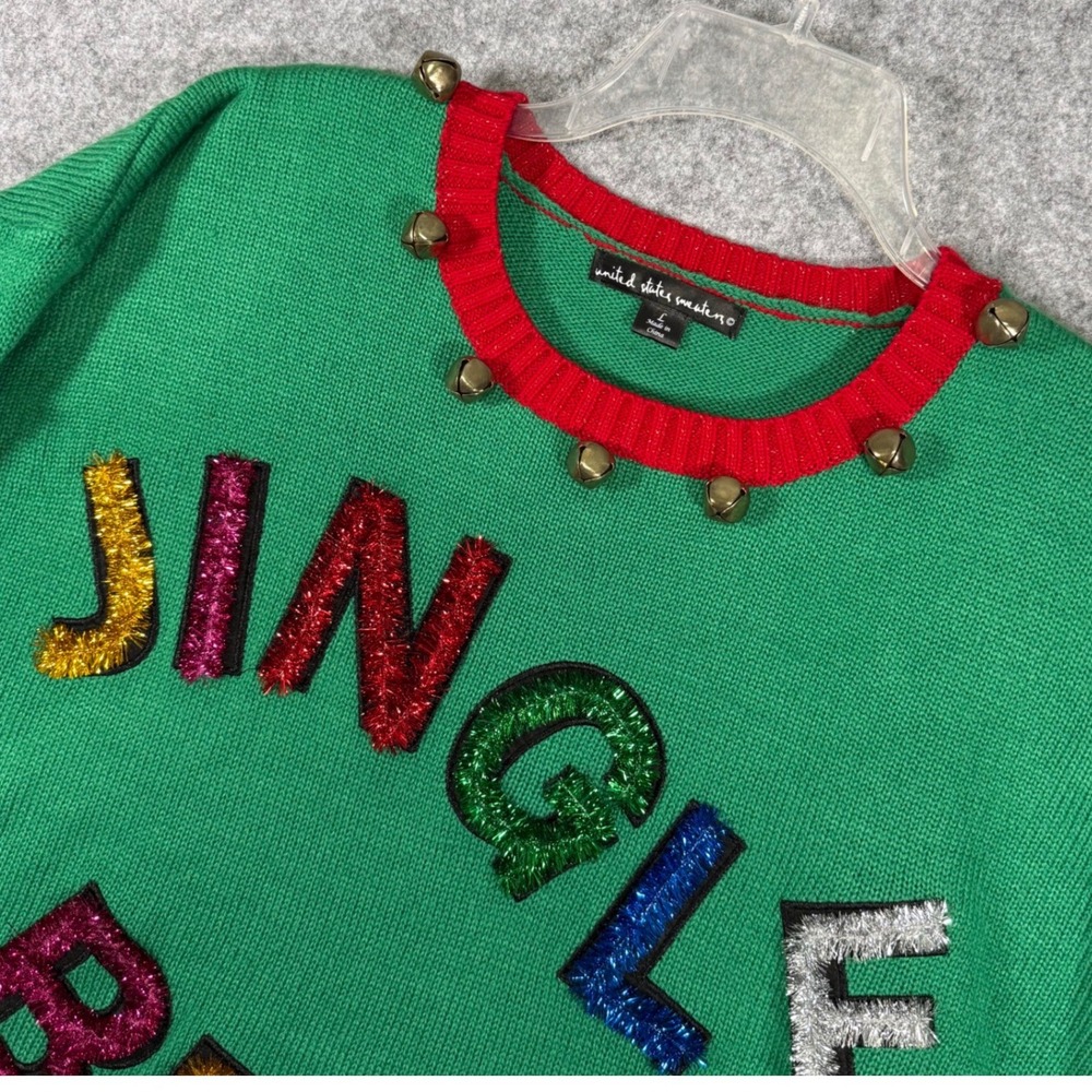 United States Sweaters Christmas Sweater Womens L Green Jingle Bells Tinsel